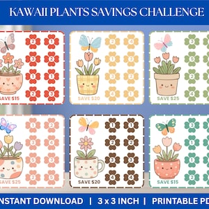 Kawaii Plants Mini Savings Challenge 3x3 Wkładki do oszczędzania, Śledzenie gotówki w segregatorze, Śledzenie gotówki do druku Kawaii Tiny Savings Challenge