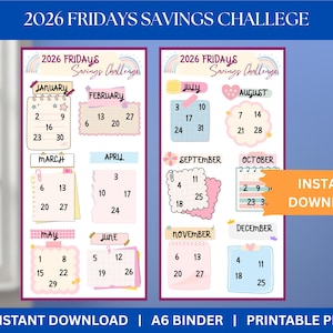 Desafío de ahorros de los viernes de 2026, A6, rastreador de ahorros, relleno de efectivo, imprimible, carpeta de presupuesto para el desafío de ahorro semanal, insertos de rastreador de efectivo