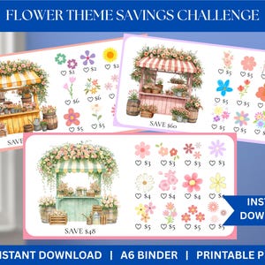 May include: A set of printable flower-themed savings challenges. The designs feature watercolor illustrations of flower stands and various flower icons with associated dollar amounts. The text includes "Flower Theme Savings Challenge" and "Instant Download".