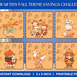 May include: A set of six square savings challenge cards with an autumn theme, featuring kawaii illustrations of pumpkins, a bicycle, a truck, an owl, books, a goose, and a highland cow. Each card includes numbered acorn icons and text indicating savings amounts from $20 to $70.