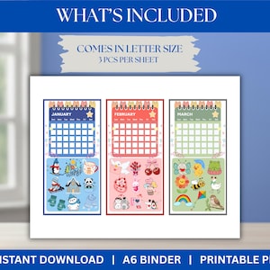 May include: A printable calendar set featuring three sheets, each displaying a month: January, February, and March. Each calendar has a grid for dates and colorful illustrations. The text "WHAT'S INCLUDED" and "COMES IN LETTER SIZE" are visible.