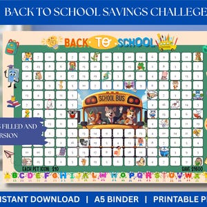 May include: A Back to School Savings Challenge printable PDF with a school bus graphic. The chart includes a grid with various cartoon characters and numbers, designed to track savings. The text includes "Back to School" and "Save $1600".