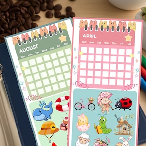May include: Two colorful monthly calendar pages. One is green and features the month of August, the other is pink and features April. Each calendar has a row of bear-shaped figures at the top. The bottom of each calendar has cute illustrations of animals and objects.