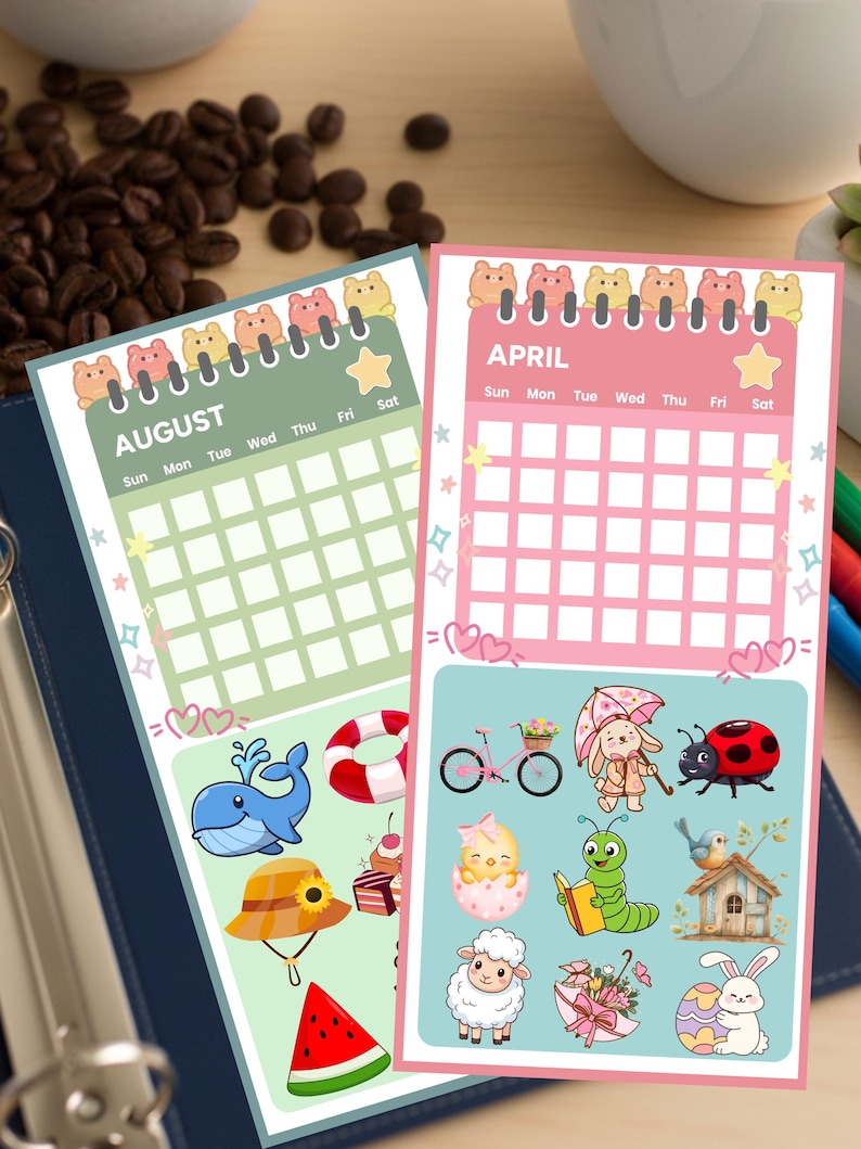 May include: Two colorful monthly calendar pages. One is green and features the month of August, the other is pink and features April. Each calendar has a row of bear-shaped figures at the top. The bottom of each calendar has cute illustrations of animals and objects.