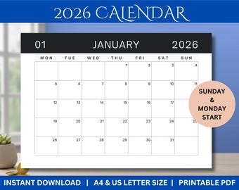 2026 Monatskalender zum Ausdrucken 2026 Monatskalender zum Ausdrucken Sonntag Start Montag Startkalender Download Minimaler Monatskalender Letter A4 Format