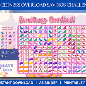 Desafío de ahorros Sweetness Overload Ahorre 850 insertos de ahorro A5 Carpeta de seguimiento de efectivo Rastreador de efectivo imprimible Desafío Candy Land