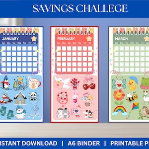 May include: Three colorful printable savings challenge calendars for January, February, and March. Each calendar features a grid for tracking savings and cute illustrations. The top of each calendar has a row of cartoon bears. Text at the bottom says "INSTANT DOWNLOAD | A6 BINDER | PRINTABLE PDF."
