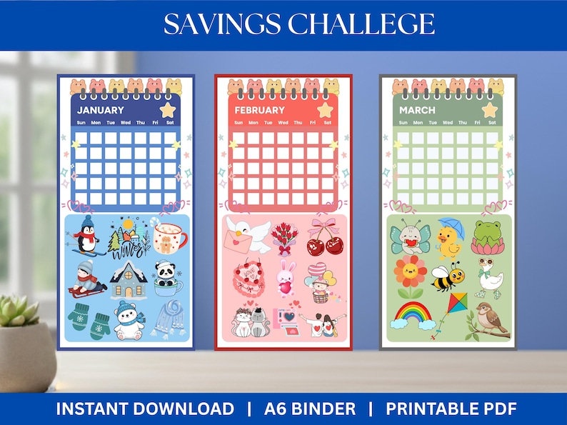 May include: Three colorful printable savings challenge calendars for January, February, and March. Each calendar features a grid for tracking savings and cute illustrations. The top of each calendar has a row of cartoon bears. Text at the bottom says "INSTANT DOWNLOAD | A6 BINDER | PRINTABLE PDF."