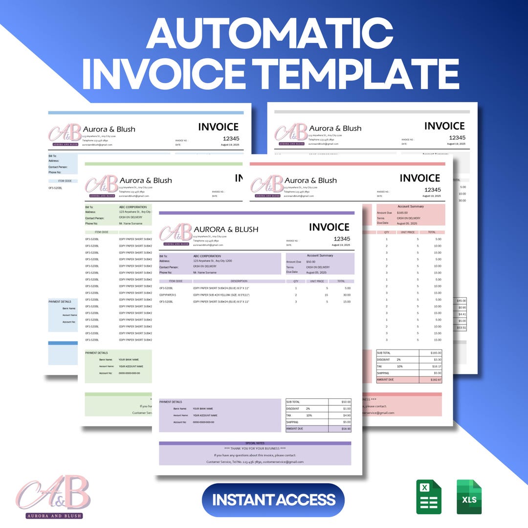 Editable Invoice Template Excel and Google Sheets Small Business Custom ...