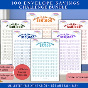 May include: A bundle of printable savings challenges with the text "100 Envelope Savings Challenge Bundle." The bundle includes six challenges in vibrant colors and plain black, with amounts ranging from $5,000 to $50,000. Includes a fillable savings challenge.