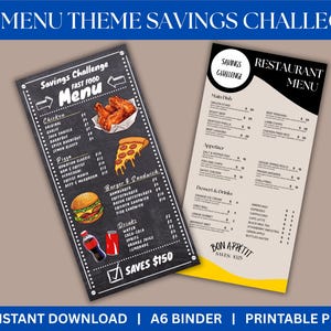 Peut inclure: Deux feuilles de défi d'épargne sur le thème du menu imprimables. L'une est un menu de restauration rapide de style tableau noir avec des illustrations d'aliments. L'autre est un menu de restaurant avec un accent jaune.