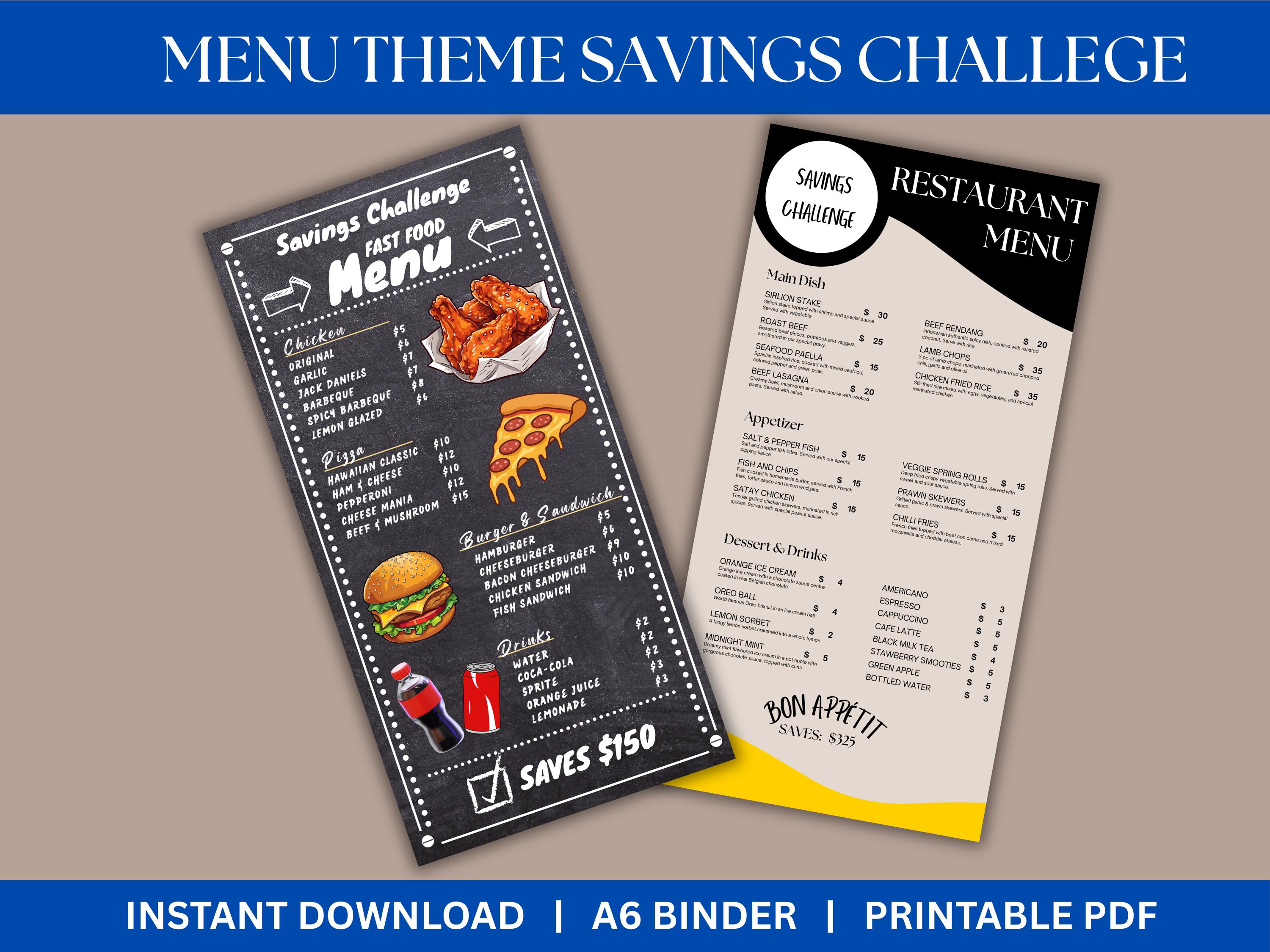 Savings Challenge Inserts Menu Theme Cash Stuffing A6 Binder Insert One ...
