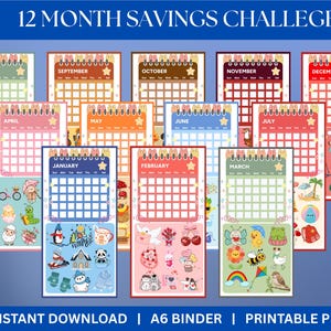 Puede incluir: Doce calendarios mensuales ilustrados para desafíos de ahorro, cada uno con ilustraciones únicas y una cuadrícula de calendario. Los calendarios están dispuestos en una cuadrícula, con el texto "12 MONTH SAVINGS CHALLENGE" en la parte superior. El texto inferior dice "INSTANT DOWNLOAD | A6 BINDER | PRINTABLE PDF".