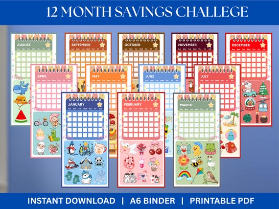 12 Months Savings Challenge A6 Savings Inserts 2027 Savings Challenge Cash Stuffing Binder Tracker Cash Tracker Printable Kawaii Savings