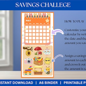May include: A printable savings challenge with an orange border. The calendar is for May, with illustrations of a beehive, mushrooms, a teapot, a camera, a picnic basket, a sun, a bee, a pi&ntilde;ata, and a lemonade stand. Text reads "Savings Challenge".