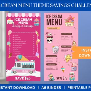 May include: Pink ice cream menu with a savings challenge theme. The menu features various ice cream flavors, prices, and cute illustrations. The text "Save $50" is displayed at the bottom.
