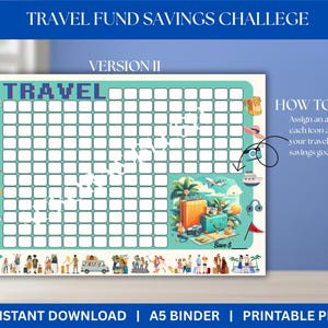May include: A teal and white travel savings challenge chart with the word "TRAVEL" at the top. The chart has a grid of squares, with travel-themed illustrations. Text reads "HOW TO PLAY" and "Assign an amount each icon and set your travel fund savings goal."