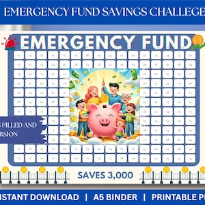 May include: A printable emergency fund savings challenge chart with a family illustration and a piggy bank. The chart includes a grid with numbers, and the text "Saves 3,000". Includes filled and blank versions.