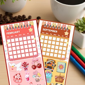 May include: Two colorful monthly calendar sheets with illustrations. One is for February, the other for September. Each has a grid for dates and cute graphics like a school bus, cherries, and a bunny holding a heart. A cup of coffee and pens are in the background.