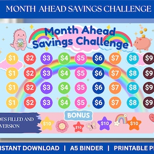 May include: A light blue printable savings challenge chart with the text "Month Ahead Savings Challenge". The chart features a rainbow, a dinosaur, and a pig. It includes circles with dollar amounts from $1 to $9, and bonus amounts of $10.