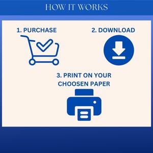 May include: Blue graphic illustrating the steps: purchase, download, and print. The first step shows a shopping cart with a checkmark. The second step shows a downward arrow in a circle. The third step shows a printer.