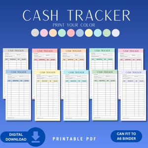 May include: Printable cash tracker sheets in pastel colours, designed to fit an A6 binder. The sheets include sections for category, date, description, amount, and balance. The image displays the text "Cash Tracker" and "Print Your Color".