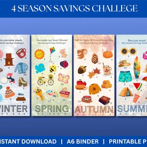 May include: A digital download featuring a 4-season savings challenge. Each season has a themed collection of illustrated items, including winter, spring, autumn, and summer. The image includes the text "4 SEASON SAVINGS CHALLENGE".