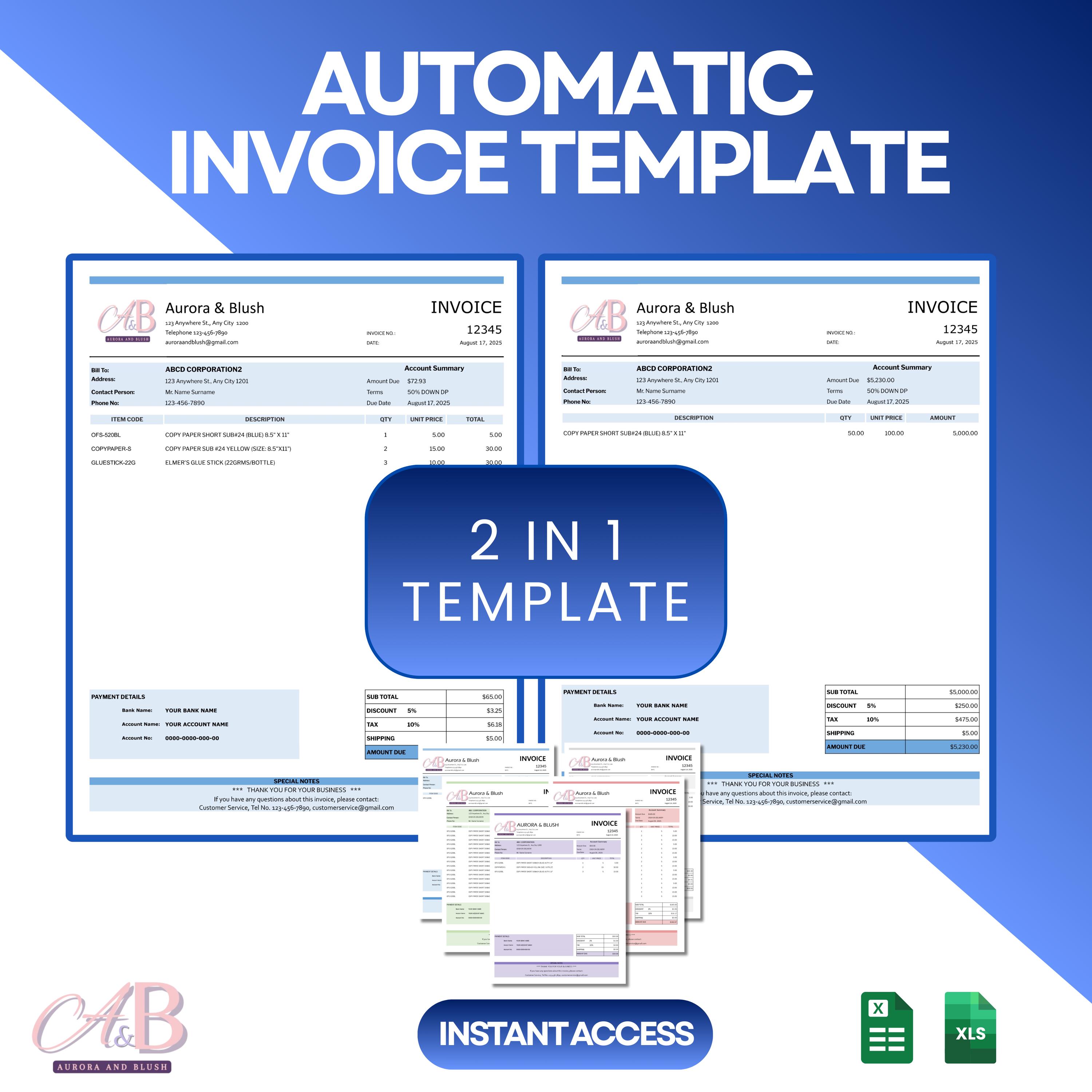 Editable Invoice Template Excel and Google Sheets Small Business Custom ...