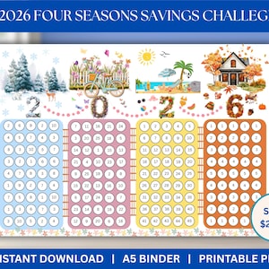 Op de afbeelding: Een kleurrijk 2026 Four Seasons Savings Challenge printbaar PDF. Het ontwerp bevat seizoensgebonden illustraties, met winter-, lente-, zomer- en herfsttaferelen, met een spaardoel van €1.900. Direct downloaden beschikbaar.