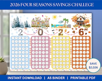 May include: A colorful 2026 Four Seasons Savings Challenge printable PDF. The design features seasonal illustrations, including winter, spring, summer, and autumn scenes, with a goal to save $2,026. The A5 binder is available for instant download.