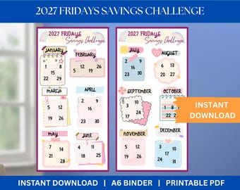 2027 Fridays Savings Challenge A6 Savings Tracker Cash Stuffing Printable Weekly Savings Challenge Budget Binder Insert Cash Tracker Inserts