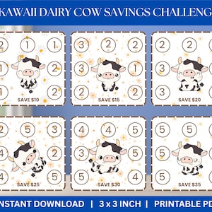 May include: A Kawaii Dairy Cow Savings Challenge printable PDF featuring six square cards with cartoon cows, daisy patterns, and numbered circles for tracking savings from $10 to $35. Each card measures 3 x 3 inches for instant download.