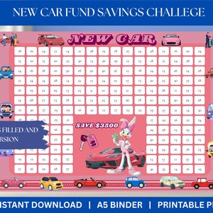 以下が含まれることがあります： 「NEW CAR FUND SAVINGS CHALLENGE」の文字が入った、ピンクと白の印刷可能な貯蓄チャレンジチャート。車と漫画のキャラクターのイラストが特徴です。目標貯蓄額は3,500ドルです。