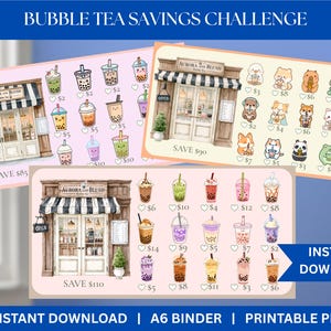 May include: Three printable Bubble Tea Savings Challenge sheets featuring illustrations of Aurora and Blush bubble tea shops with striped awnings. Each sheet displays various bubble tea drinks and cute animal characters with dollar amounts to track savings.