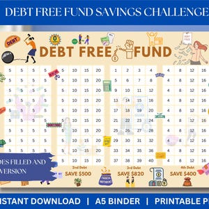 May include: A printable debt-free fund savings challenge chart with a beige background and colorful illustrations. The chart includes a grid with numbers and spaces for savings amounts, along with the text "DEBT FREE FUND SAVINGS CHALLENGE".