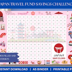 Puede incluir: Desafío de ahorro imprimible para viajes a Japón en rosa y blanco. Presenta una cuadrícula numerada, ilustraciones japonesas y el texto "Japan Save $3,000". Incluye versiones rellenas y en blanco.