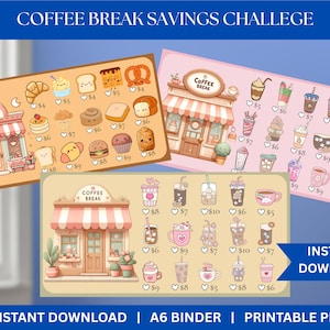 Pode incluir: Três folhas imprimíveis do Coffee Break Savings Challenge. Cada folha apresenta ilustrações de itens de café, como doces e bebidas, com preços. O texto "COFFEE BREAK SAVINGS CHALLENGE" e "INSTANT DOWNLOAD" são visíveis.