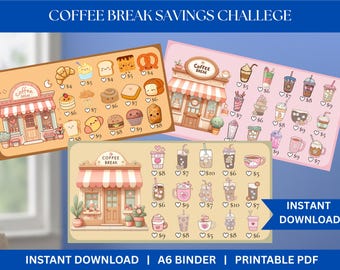 Kawaii Koffiepauze Besparingen Uitdaging A6 Besparingsinlegvellen Cash Vulling Binder Tracker Cash Tracker Afdrukbare Kawaii Besparingen Koffieliefhebber