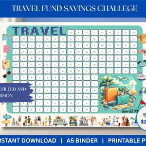 May include: A travel fund savings challenge printable with a grid for tracking savings. The design includes travel-themed illustrations like luggage, a camera, and a passport. The text reads "Travel Fund Savings Challenge" and "Save $2,000".