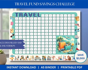 May include: A travel fund savings challenge printable with a grid for tracking savings. The design includes travel-themed illustrations like luggage, a camera, and a passport. The text reads "Travel Fund Savings Challenge" and "Save $2,000".