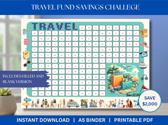 Travel Fund Savings Challenge Save 2000 A5 Savings Inserts Cash Stuffing Binder Tracker Cash Tracker Printable Vacation Savings Challenge