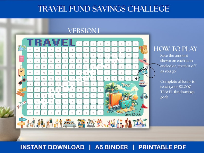 May include: A teal and white travel fund savings challenge printable with the word "TRAVEL" at the top. The design includes icons of travel items and a goal of saving $2,000. The text "INSTANT DOWNLOAD | A5 BINDER | PRINTABLE PDF" is at the bottom.