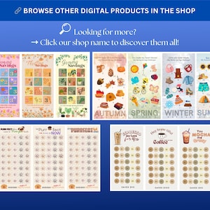May include: Digital product images featuring savings challenges and seasonal themes. Includes images with text like "Blooming Savings", "Autumn", "Spring", "Winter", "Summer", and "Purrfect". Also includes coffee-themed savings challenges.