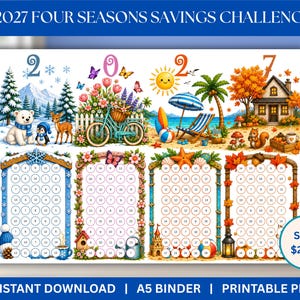 Puede incluir: Una hoja PDF imprimible 2027 Four Seasons Savings Challenge con cuatro secciones estacionales que muestran un oso polar, flores, una playa y una casa de otoño. Debajo hay cuatro cuadrículas con círculos numerados para el ahorro.
