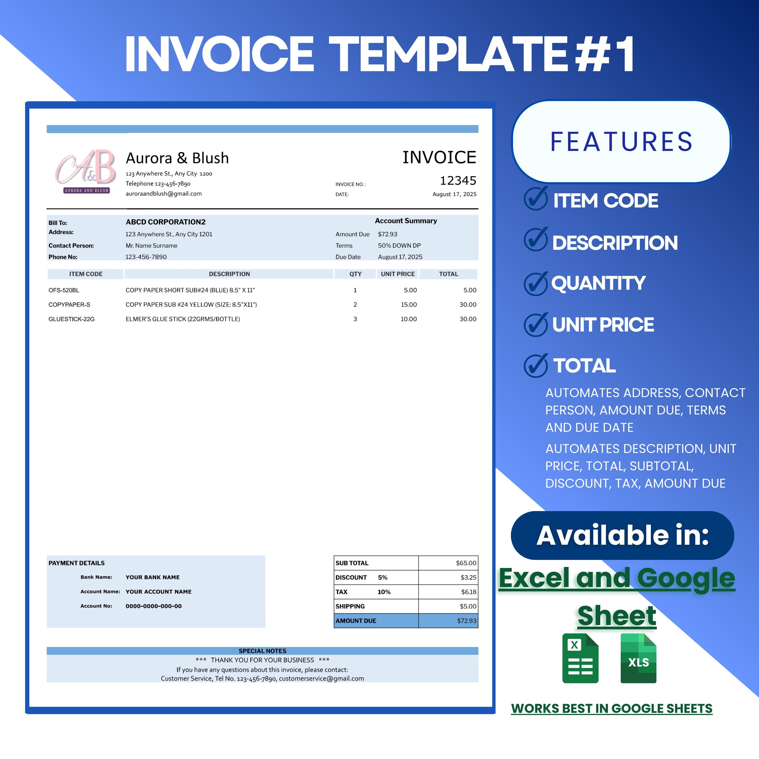 Editable Invoice Template Excel and Google Sheets Small Business Custom ...