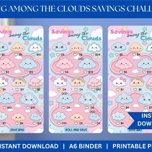 以下が含まれることがあります： Saving among the Cloudsと題された3つの縦型貯金チャレンジトラッカー。パステルカラーの可愛い雲、星、ハートが描かれ、金額やサイコロの目が記されています。ピンクとブルーのアクセントが特徴で、インスタントダウンロードのテキストが含まれています。