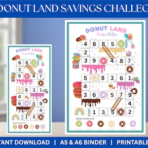 Könnte beinhalten: Zwei druckbare Spielbretter "Donut Land Savings Challenge". Die Bretter zeigen ein farbenfrohes Design mit Donuts, Leitern und einem Regenbogen. Der Text "Donut Land Savings Challenge" steht oben. Der Text unten lautet "Sofortiger Download | A5 & A6 Binder | Druckbares PDF".