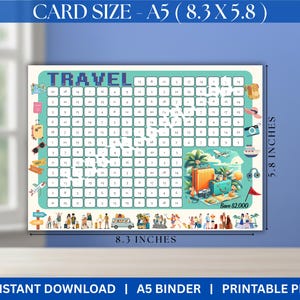 May include: A travel-themed savings tracker with a grid of squares, measuring 8.3 inches wide and 5.8 inches high. The word "TRAVEL" is at the top. The design includes illustrations of luggage, a camera, and a beach scene.