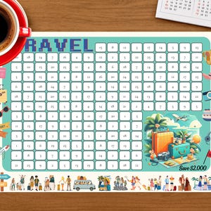 May include: A travel-themed savings tracker with a teal border and the word "TRAVEL" at the top. The tracker has numbered boxes and travel-related illustrations, including suitcases, a plane, and a cruise ship. A red coffee cup sits on the left.