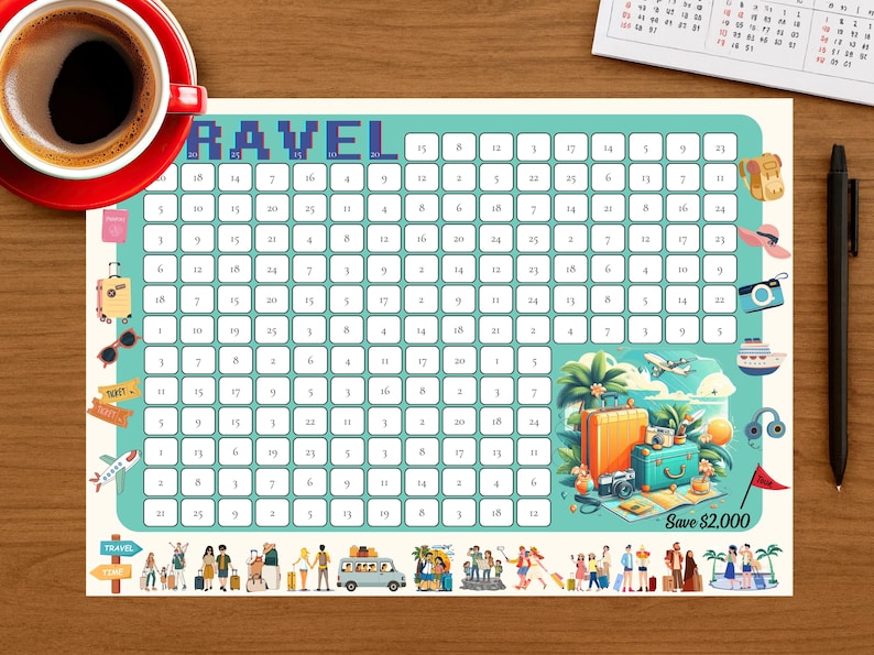 May include: A travel-themed savings tracker with a teal border and the word "TRAVEL" at the top. The tracker has numbered boxes and travel-related illustrations, including suitcases, a plane, and a cruise ship. A red coffee cup sits on the left.